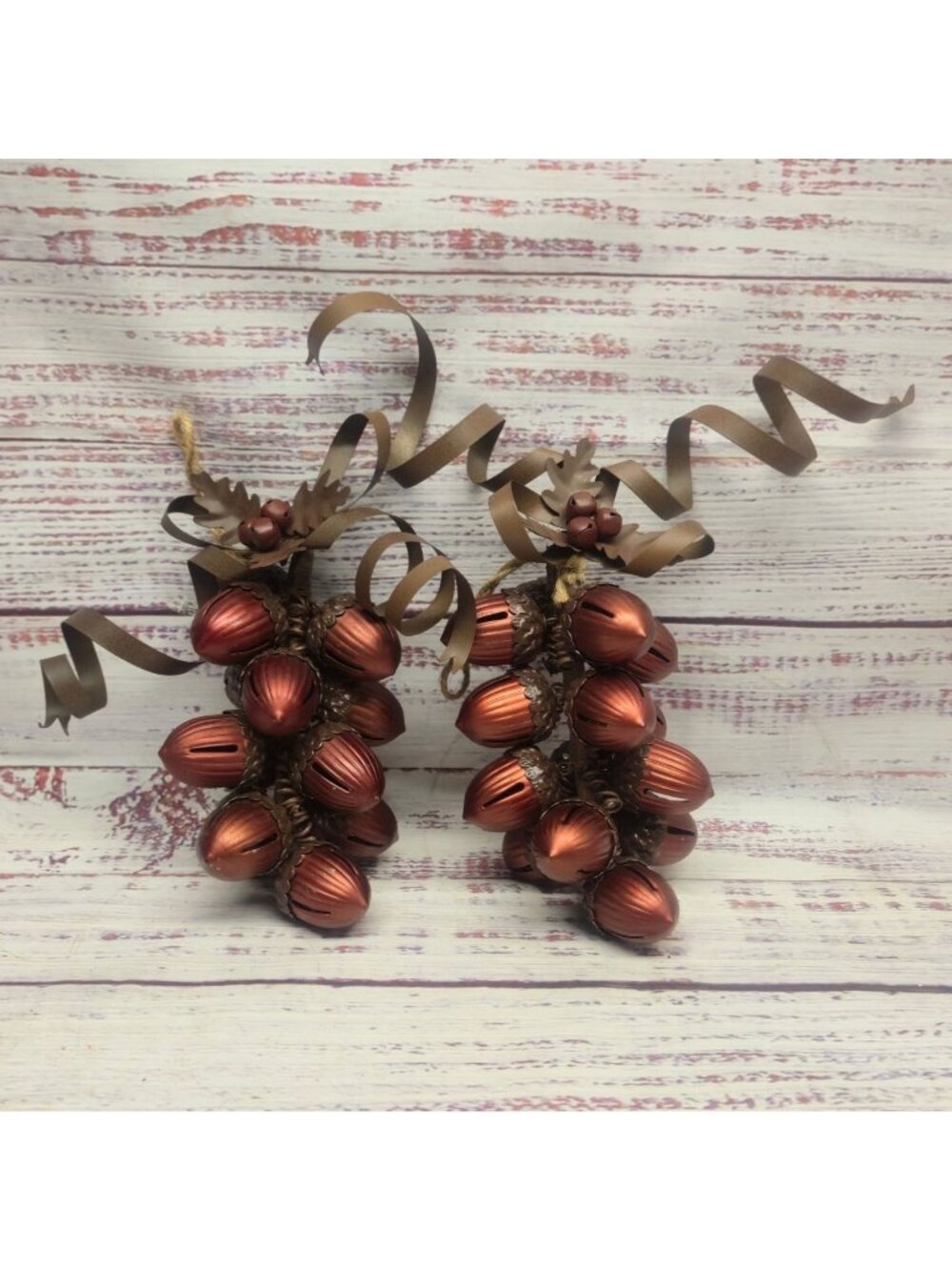 Hanging Metal Acorn Jingle Bell Decorations Ribbons Leaves Autumn Fall decor x2